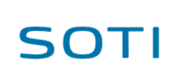 A blue and white logo of sotech
